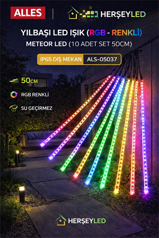 YILBAŞI LED IŞIK ( RGB - RENKLİ )METEOR LED ( 10 ADET SET 50CM ) IP65 DIŞ MEKAN