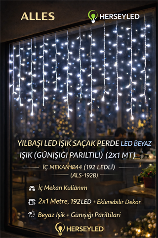 YILBAŞI LED IŞIK SAÇAK PERDE LED BEYAZ IŞIK  ( 2X1 MT ) İÇ MEKAN IP44 ( 192 LEDLİ ) EKLENEBİLİR LED DEKOR