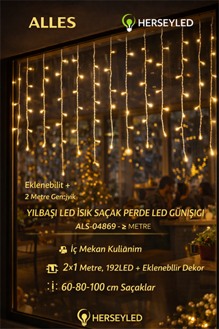 YILBAŞI LED IŞIK SAÇAK PERDE LED GÜNIŞIĞI ( 2X1 MT ) İÇ MEKAN IP44 ( 192 LEDLİ ) EKLENEBİLİR LED DEKOR