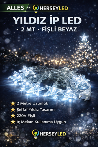 YILBAŞI LED IŞIK YILDIZ İP LED 2 MT FİŞLİ BEYAZ