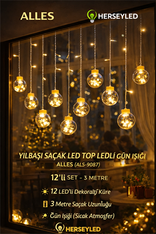 ALLES YILBAŞI SAÇAK LED TOP LEDLİ GÜN IŞIĞI 12Lİ SET 3 MT