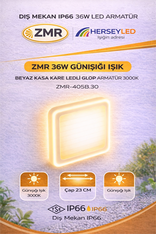 ZMR 36W GÜNIŞIĞI IŞIK - BEYAZ KASA KARE  LEDLİ GLOP ARMATÜR 3000K ZMR-405B.30  IP66