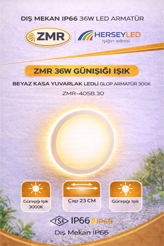 ZMR 36W GÜNIŞIĞI IŞIK - BEYAZ KASA YUVARLAK  LEDLİ GLOP ARMATÜR 3000K ZMR-403B.30  IP66