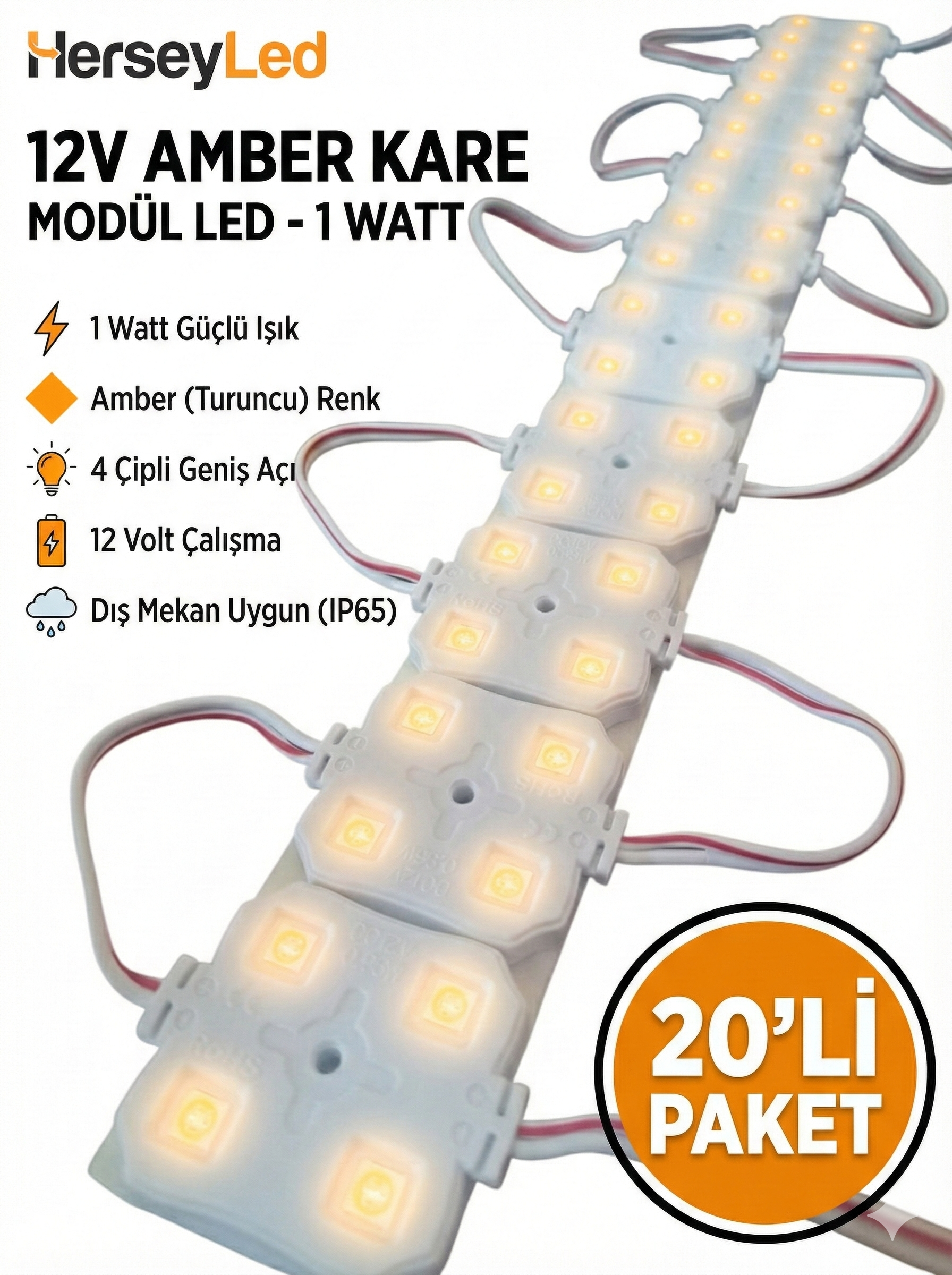 ( 20 ADET ) AMBER RENK KARE MERCEKSİZ 12 VOLT