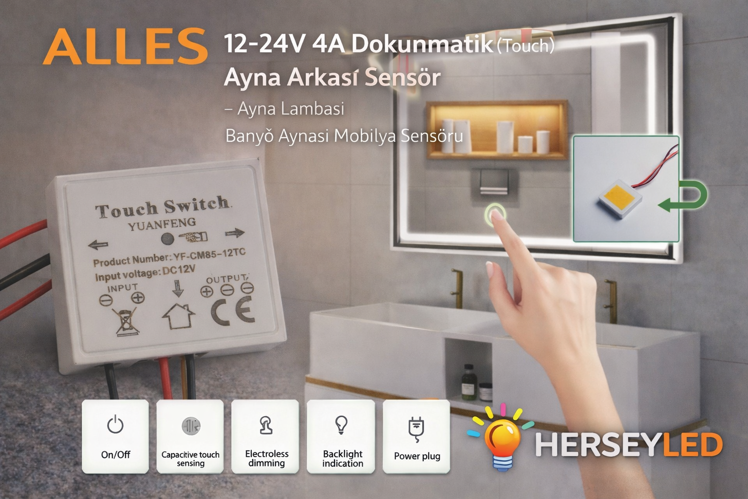 12-24V 4A Dokunmatik (Touch) Ayna Arkası Sensör Ayna Lambası Banyo Aynası Mobilya Sensörü