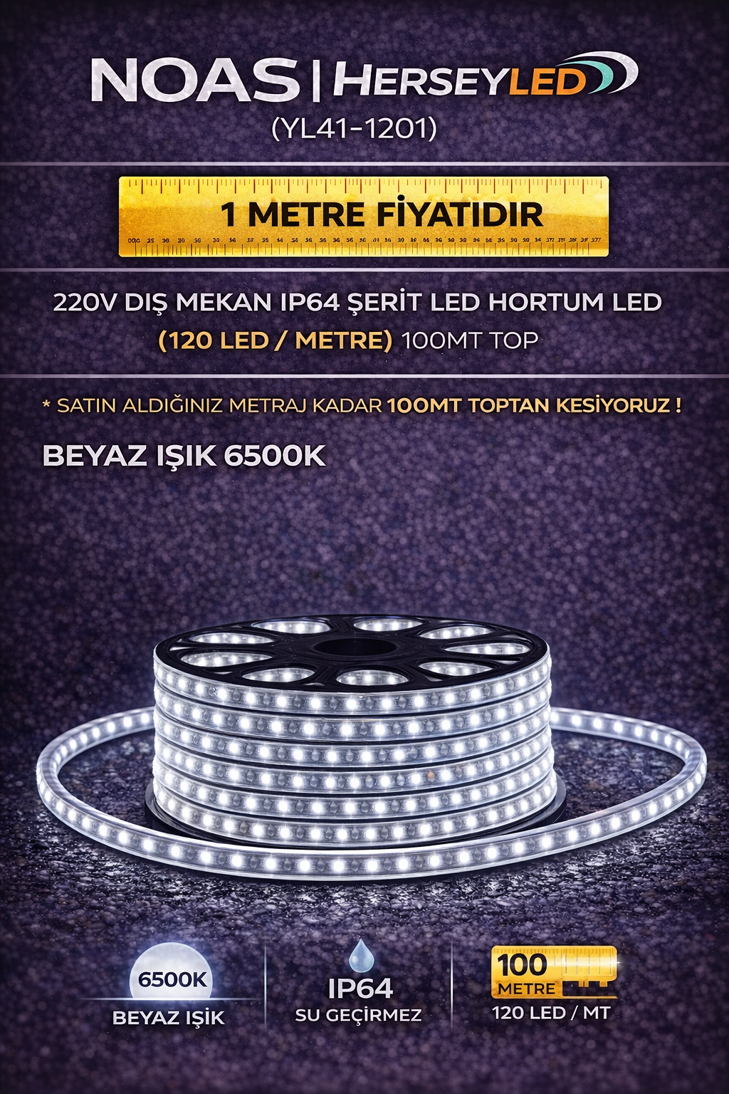 120 LEDLİ HORTUM LED BEYAZ 220V 4040/120 LED NOAS YL41-1201