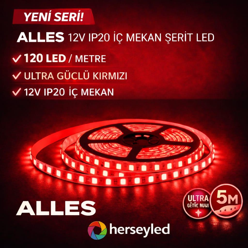 120 LEDLİ PROFESYONEL ŞERİT LED KIRMIZI 5 METRE 12 VOLT 2835 ÇİPLİ