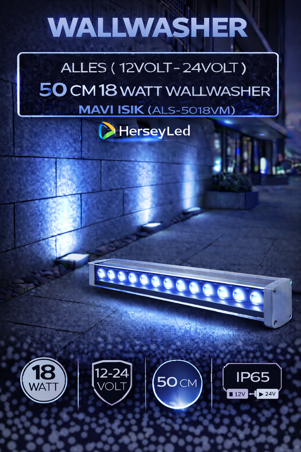 12V / 24V WALLWASHER 50 CM 18 WATT  - MAVİ IŞIK
