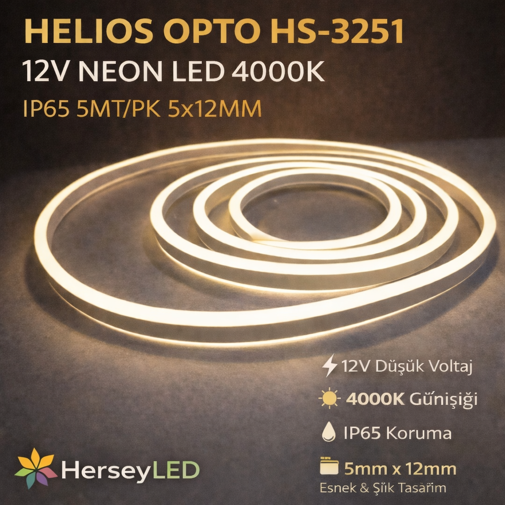 12V NEON LED 4000K IP65 5MT/PK 5X12MM - HELİOS OPTO HS-3251