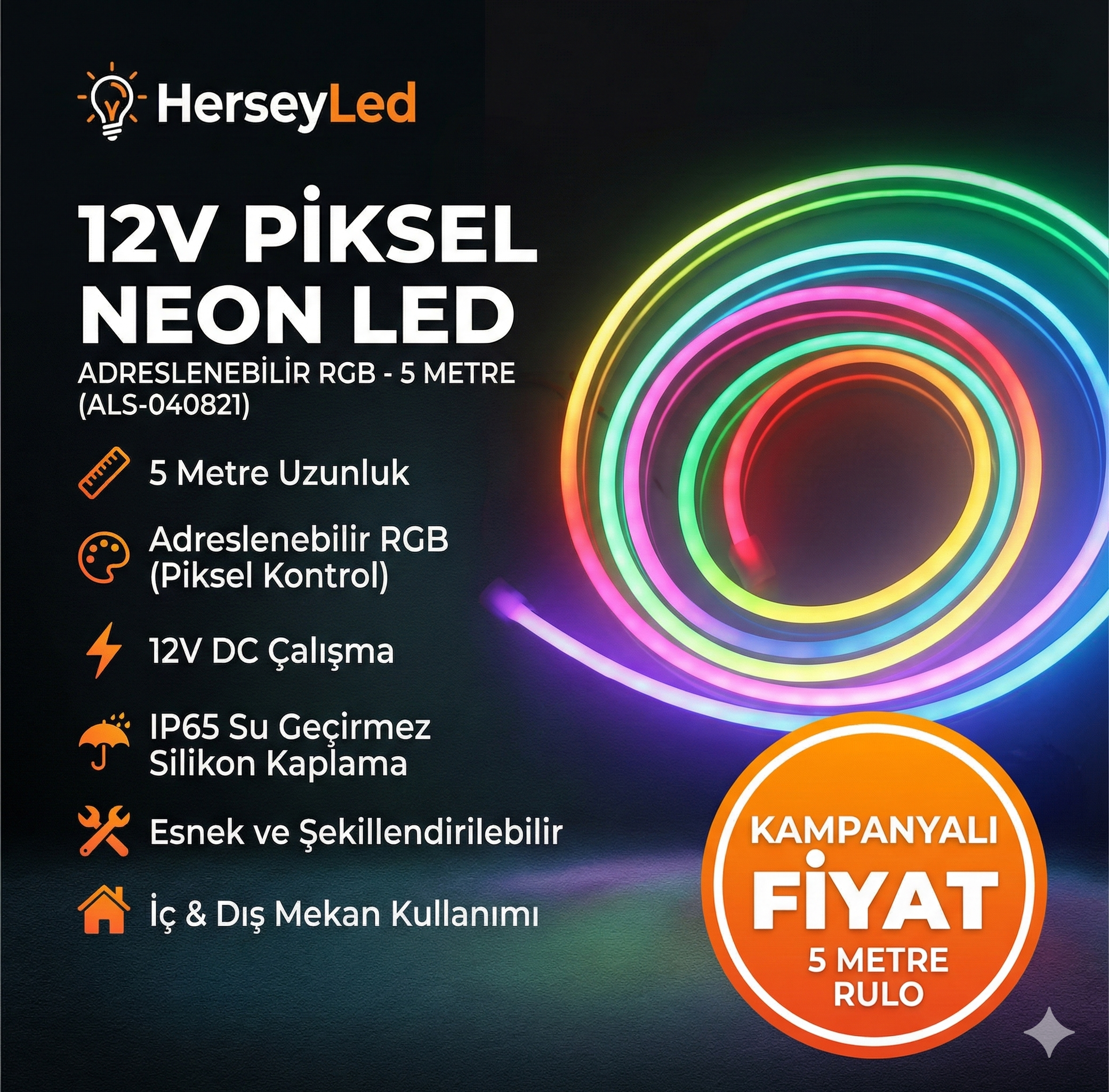 12V PİKSEL NEON LED 6X12MM ADRESLENEBILIR RGB 5 METRE