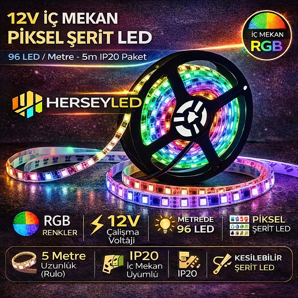 12V PİKSEL ŞERİT LED İÇ MEKAN IP20  ( 96 Led/ Metre ) WS2811 PİXEL LED