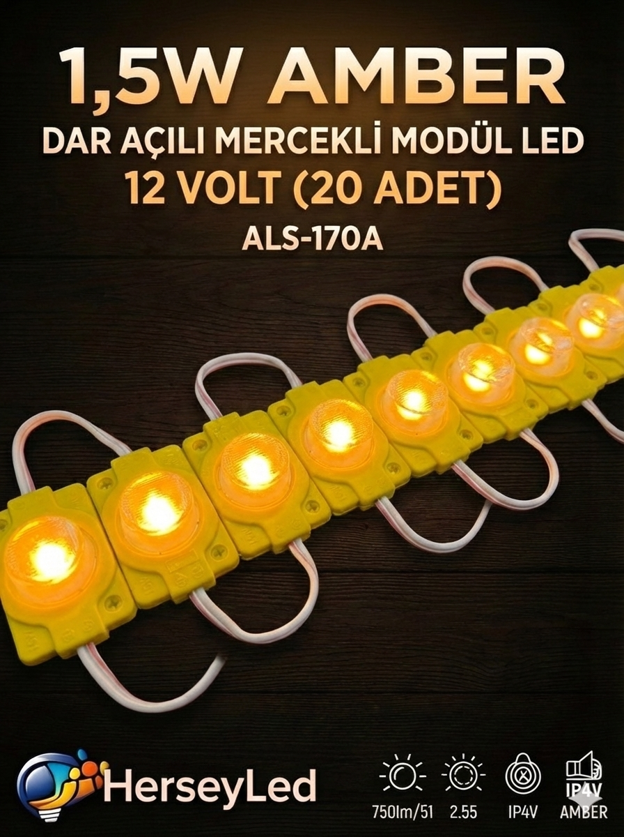 (20 ADET) 1,5W AMBER SARI DAR AÇILI MANDA GÖZÜ MERCEKLİ MODÜL LED 12 VOLT ALS-170S