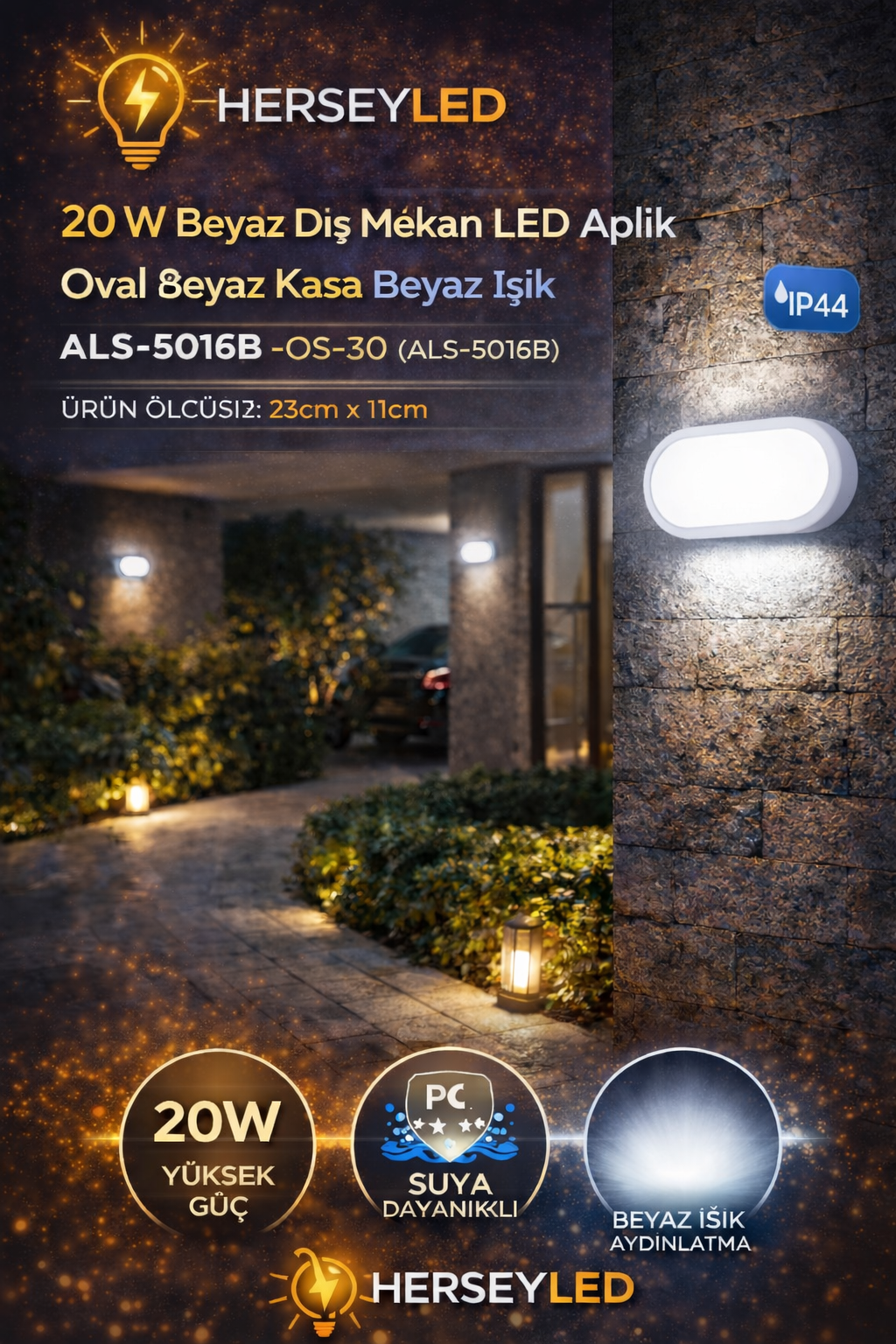20 W Siyah Dış Mekan LED Aplik Oval BEYAZ Kasa BEYAZ IŞIK ALS-5016B IP44