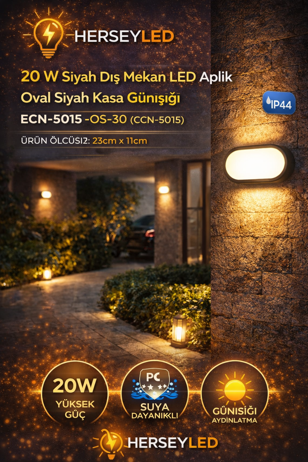 20 W Siyah Dış Mekan LED Aplik Oval Siyah Kasa Günışığı ECN-5015 -OS-30