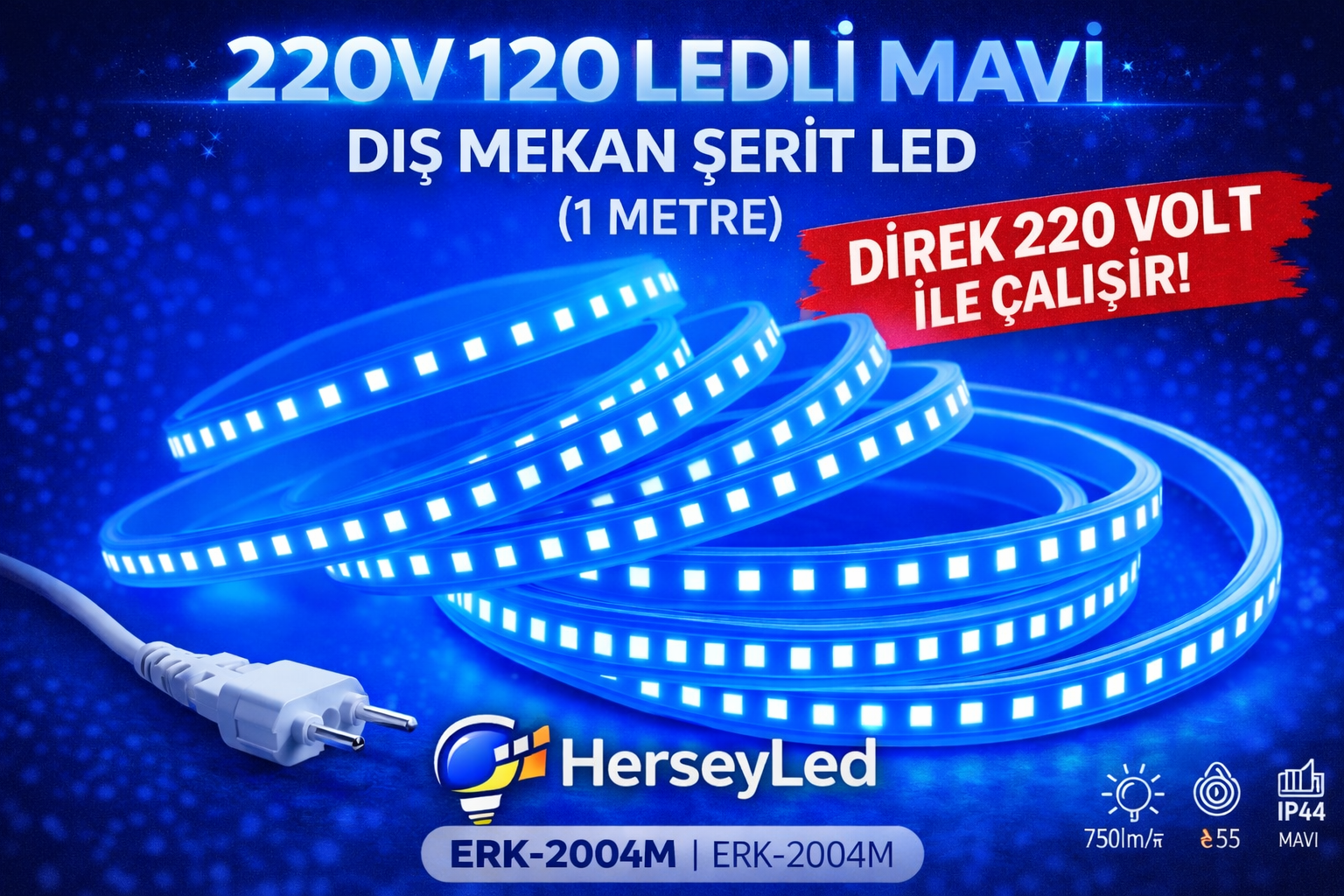 220V 120 LEDLİ MAVİ DIŞ MEKAN ŞERİT LED (1 METRE ) ERKLED