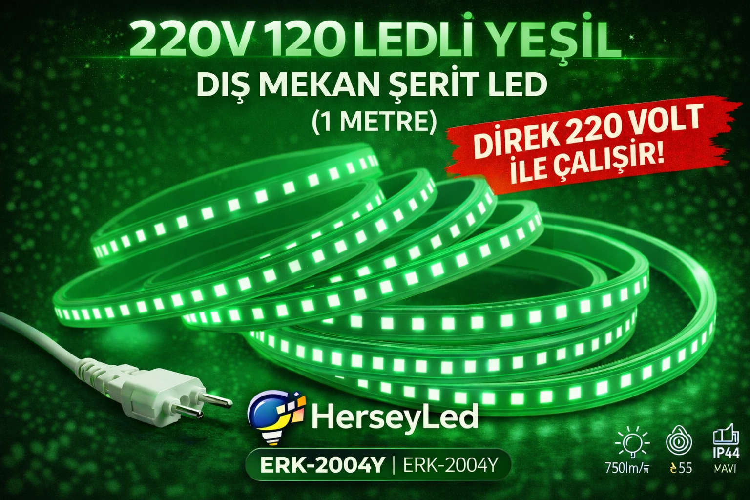 220V 120 LEDLİ YEŞİL DIŞ MEKAN ŞERİT LED (1 METRE ) ERKLED