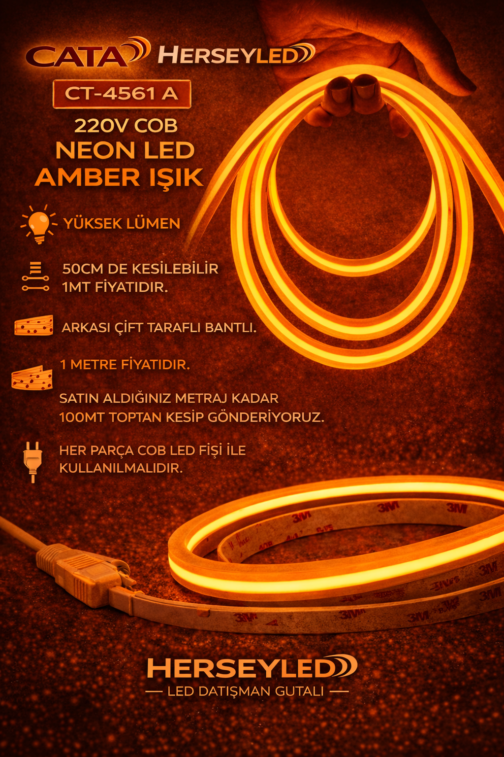 220V COB NEON LED AMBER YÜKSEK LÜMEN 50CM DE KESİLEBİLİR 1MT FİYATIDIR  CATA CT-4561 A
