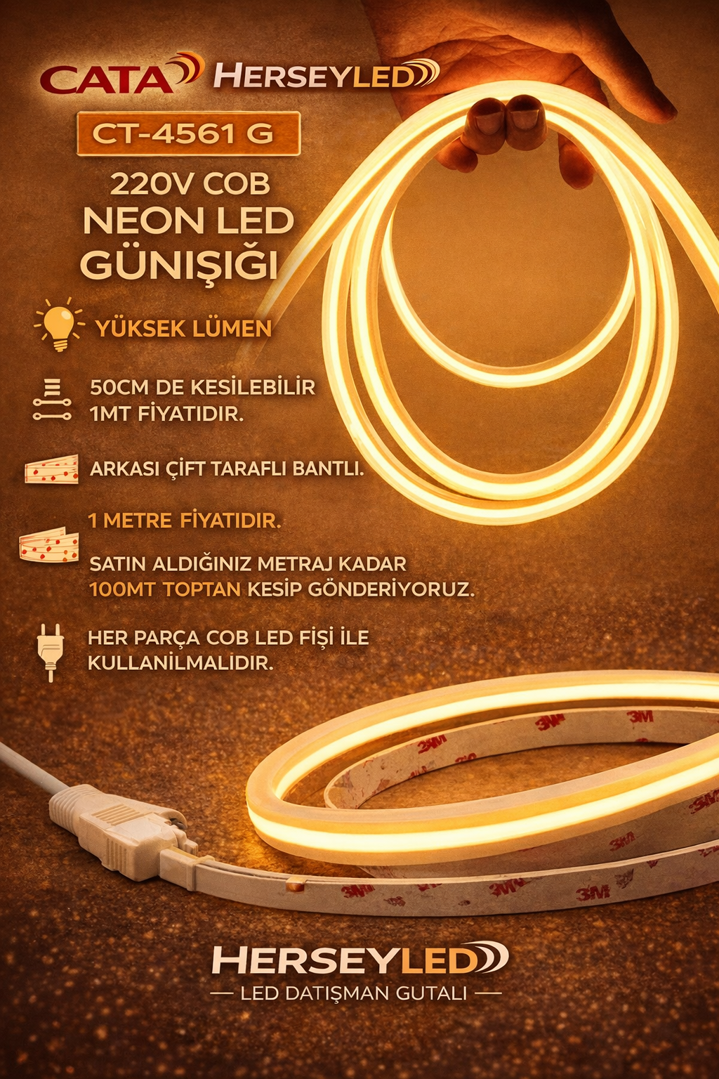 220V COB NEON LED GÜNIŞIĞI YÜKSEK LÜMEN 50CM DE KESİLEBİLİR 1MT FİYATIDIR CATA CT-4561 G