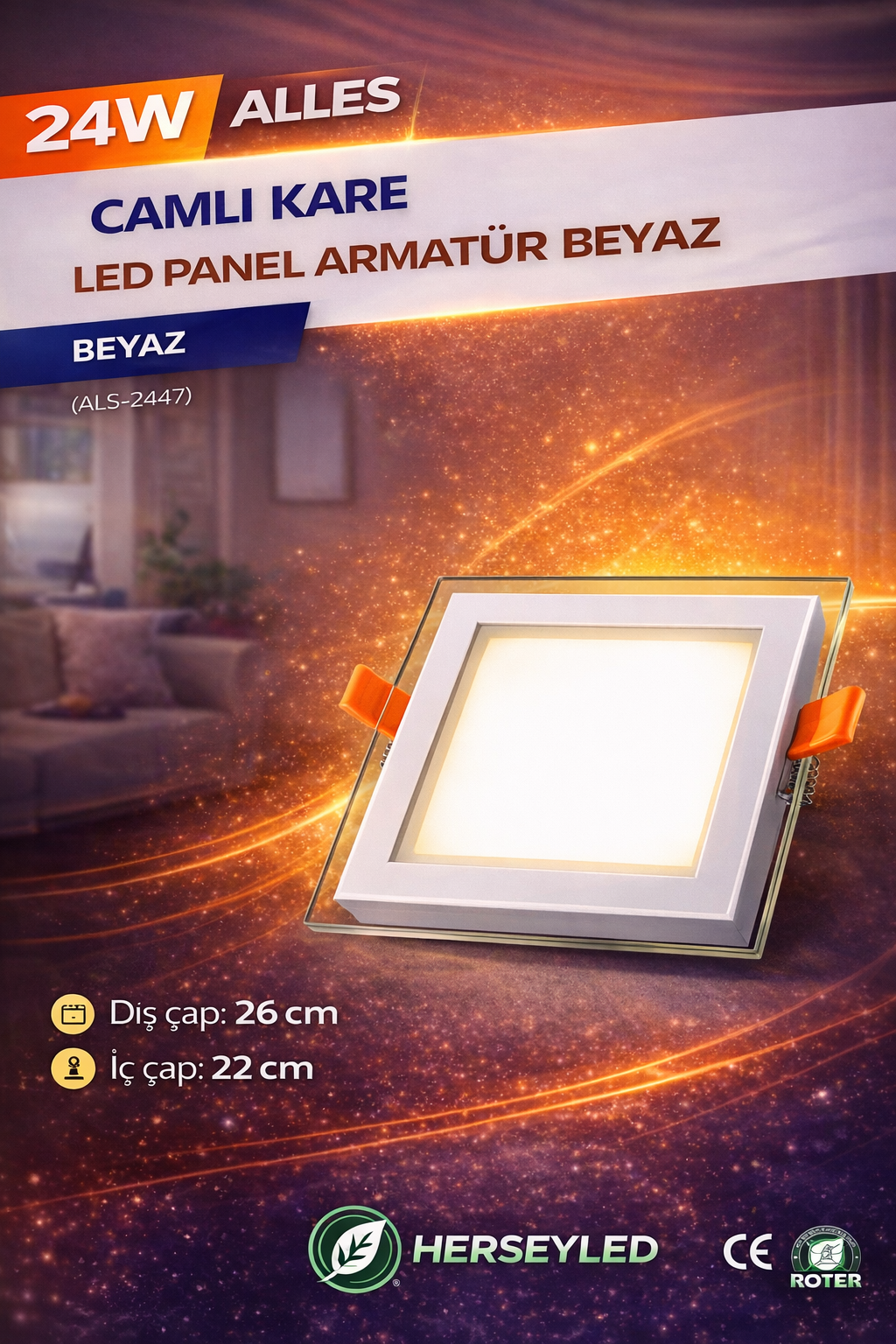 24W CAMLI KARE LED PANEL ARMATÜR BEYAZ