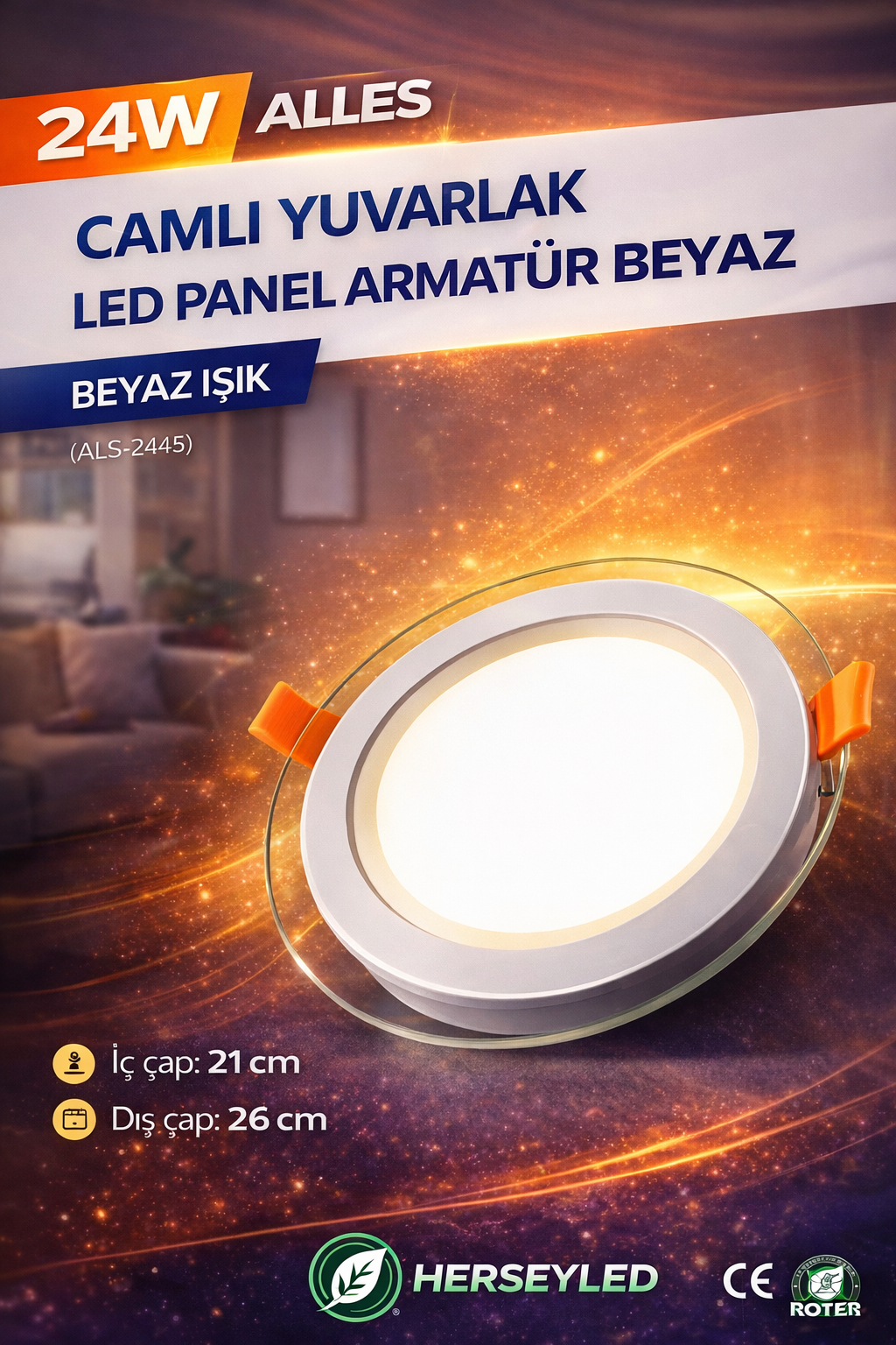 24W CAMLI YUVARLAK LED PANEL ARMATÜR BEYAZ