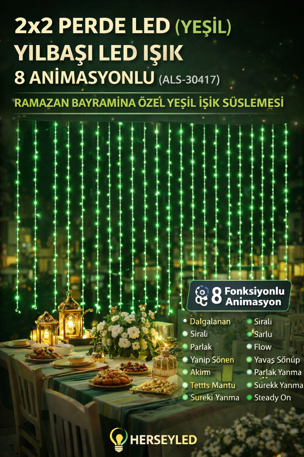 2X2 PERDE LED ( YEŞİL ) YILBAŞI LED IŞIK 8 ANİMASYONLU