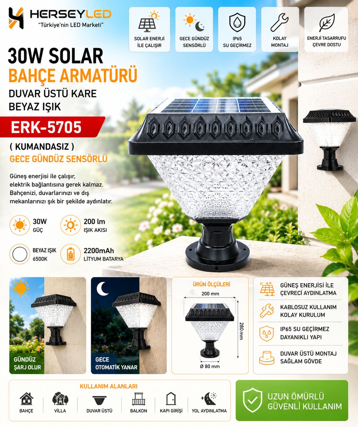 30W SOLAR BAHÇE ARMATÜRÜ BEYAZ IŞIK DUVAR ÜSTÜ KARE ( KUMANDASIZ ) ( GECE GÜNDÜZ SENSÖRLÜ ) ERK-5705