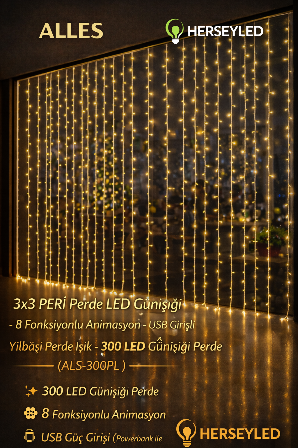 3x3 Perde LED Günışığı - 8 Fonksiyonlu Animasyon - USB Girişli Yılbaşı Perde Işık - 300 LED Günışığı Perde