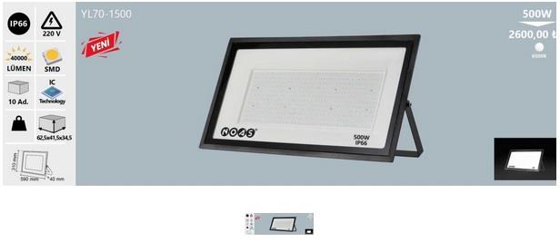 500W ULTRA SLIM LED PROJEKTÖR BEYAZ 6500K NOAS YL70-1500