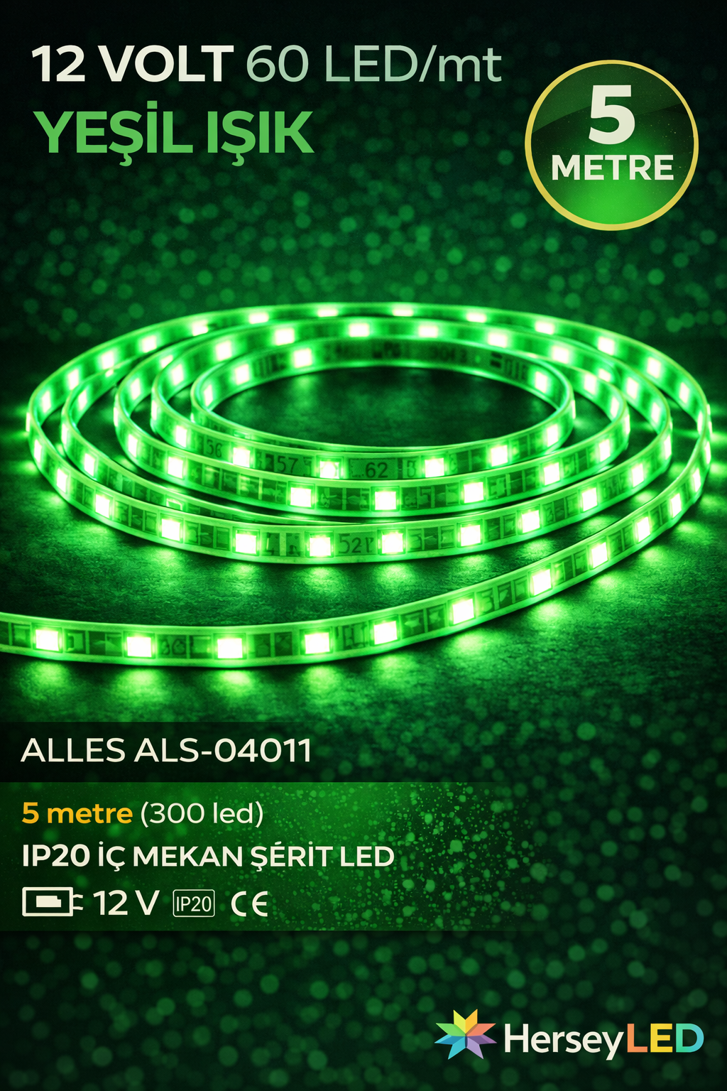 5MT ALLES İÇ MEKAN YEŞİL ŞERİT LED 12V 5630/60 LEDLİ 5 METRE