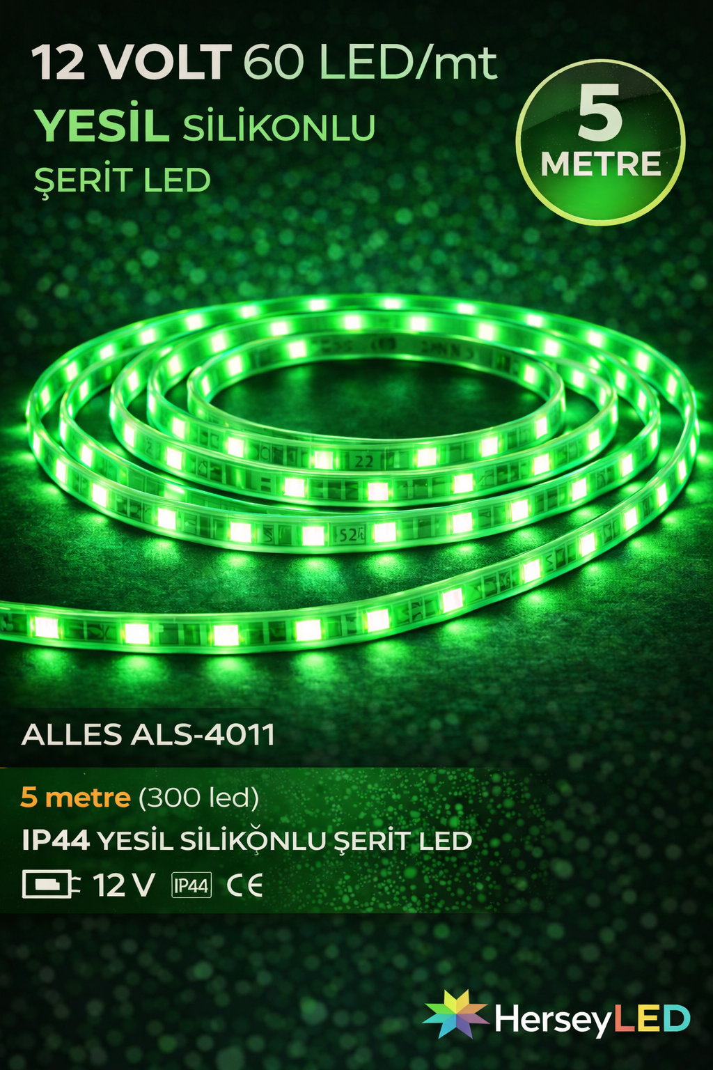 5MT ALLES SİLİKONLU YEŞİL ŞERİT LED 12V 5630/60 LEDLİ