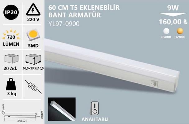 60CM BEYAZ 9W NOAS LED T5 EKLENEBİLİR BANT ARMATÜR GÜNIŞIĞI YL97-0901  NOAS