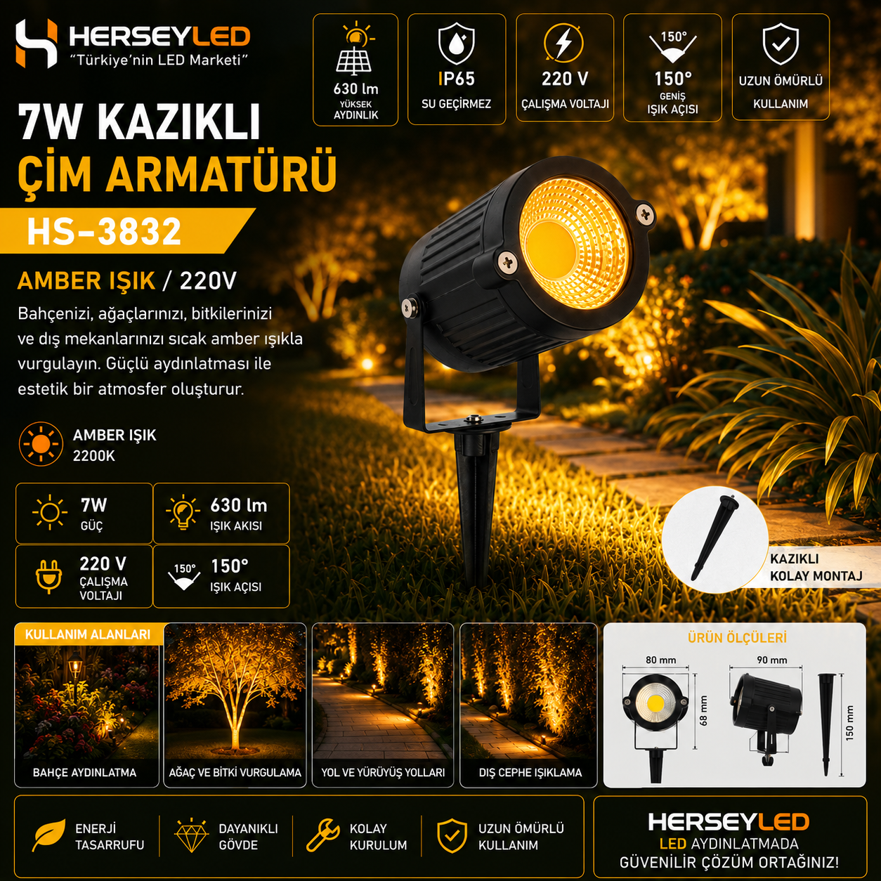 7W KAZIKLI ÇİM ARMATÜRÜ AMBER 220V ( HS-3832 ) HELİOS