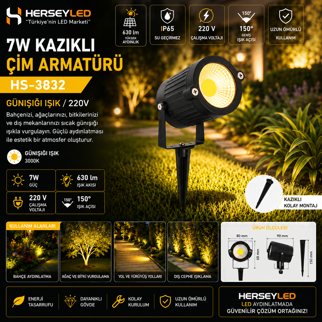 7W KAZIKLI ÇİM ARMATÜRÜ GÜNIŞIĞI 220V ( HS-3832 ) HELİOS