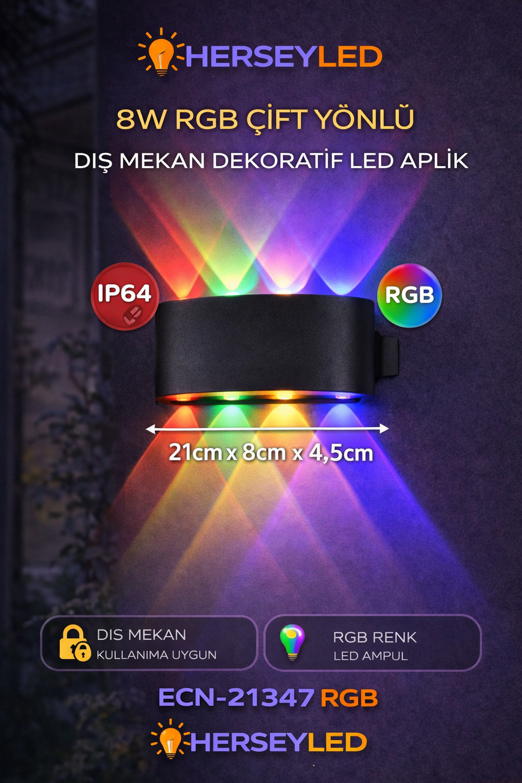 8W RGB ÇİFTYÖNLÜ 4LÜ DIŞ MEKAN DEKORATİF LED APLİK