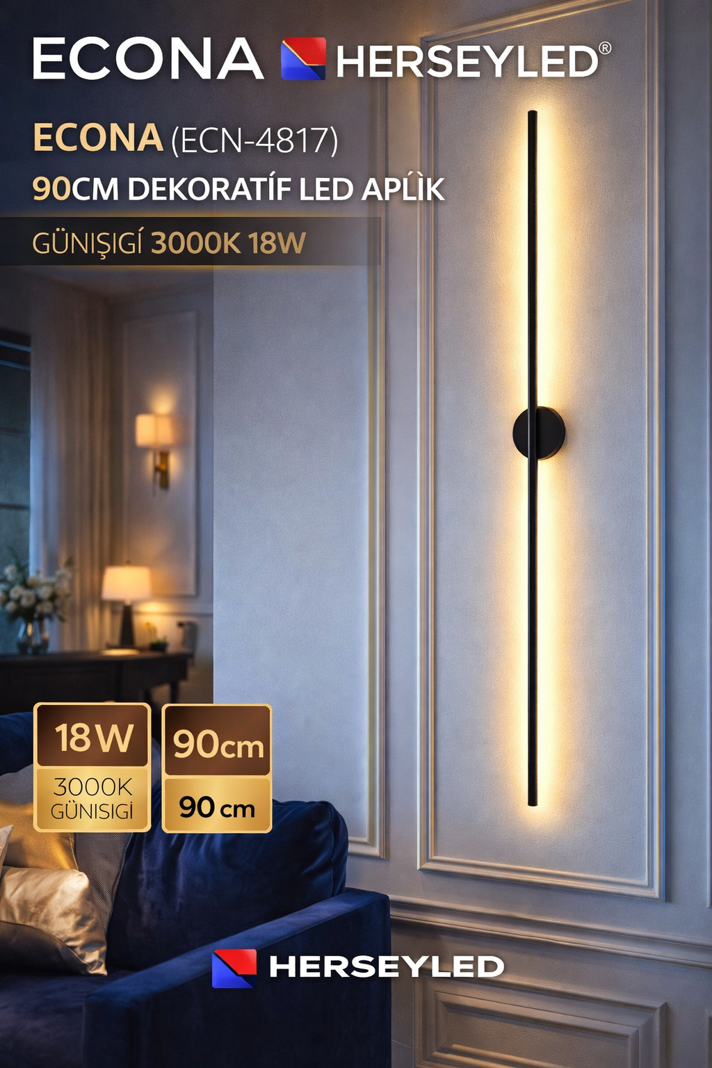 90CM DEKORATİF LED APLİK GÜNIŞIĞI 3000K 18W ECN-4817
