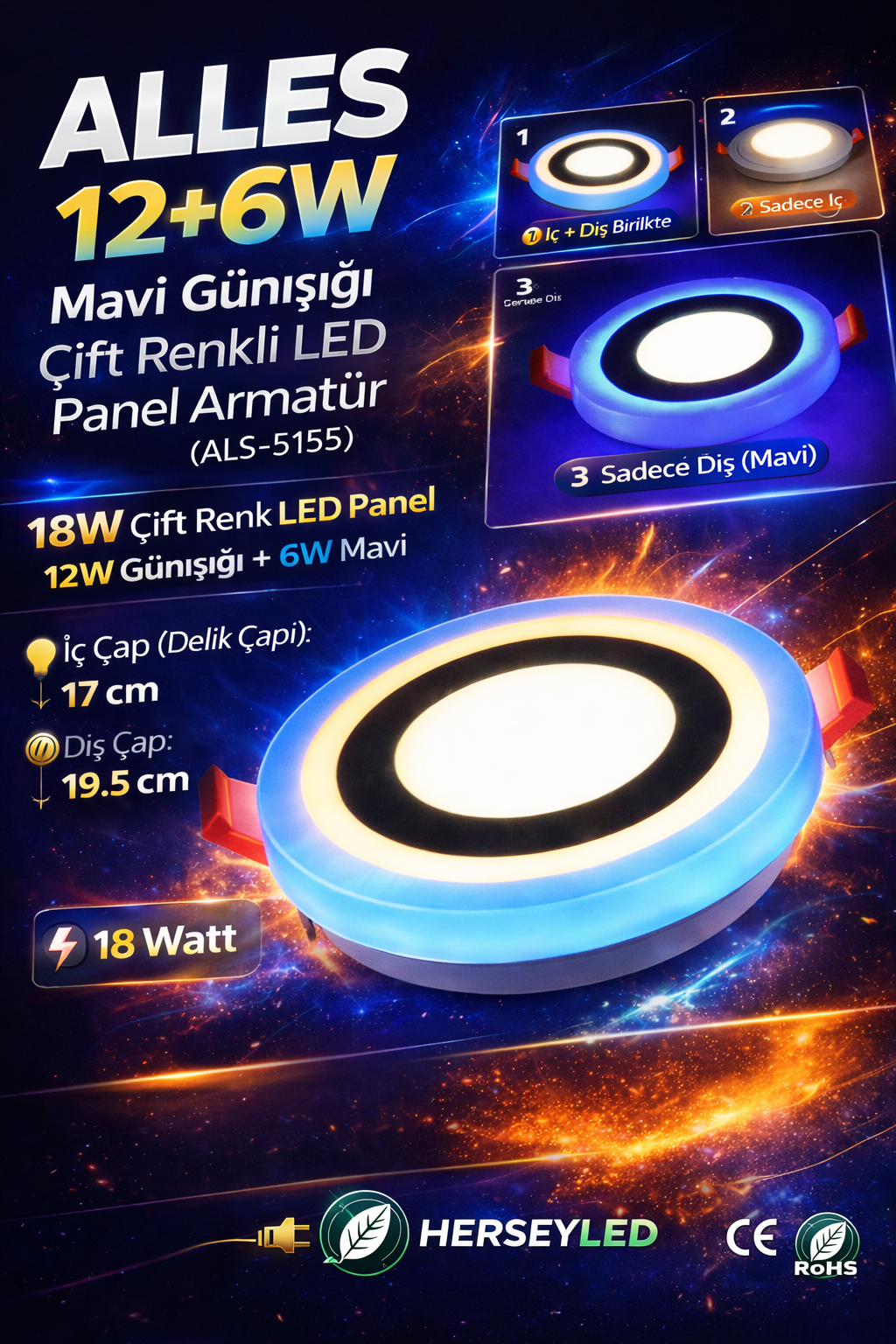 ALLES 12+6W MAVİ GÜNIŞIĞI ÇİFT RENKLİ LED PANEL ARMATÜR