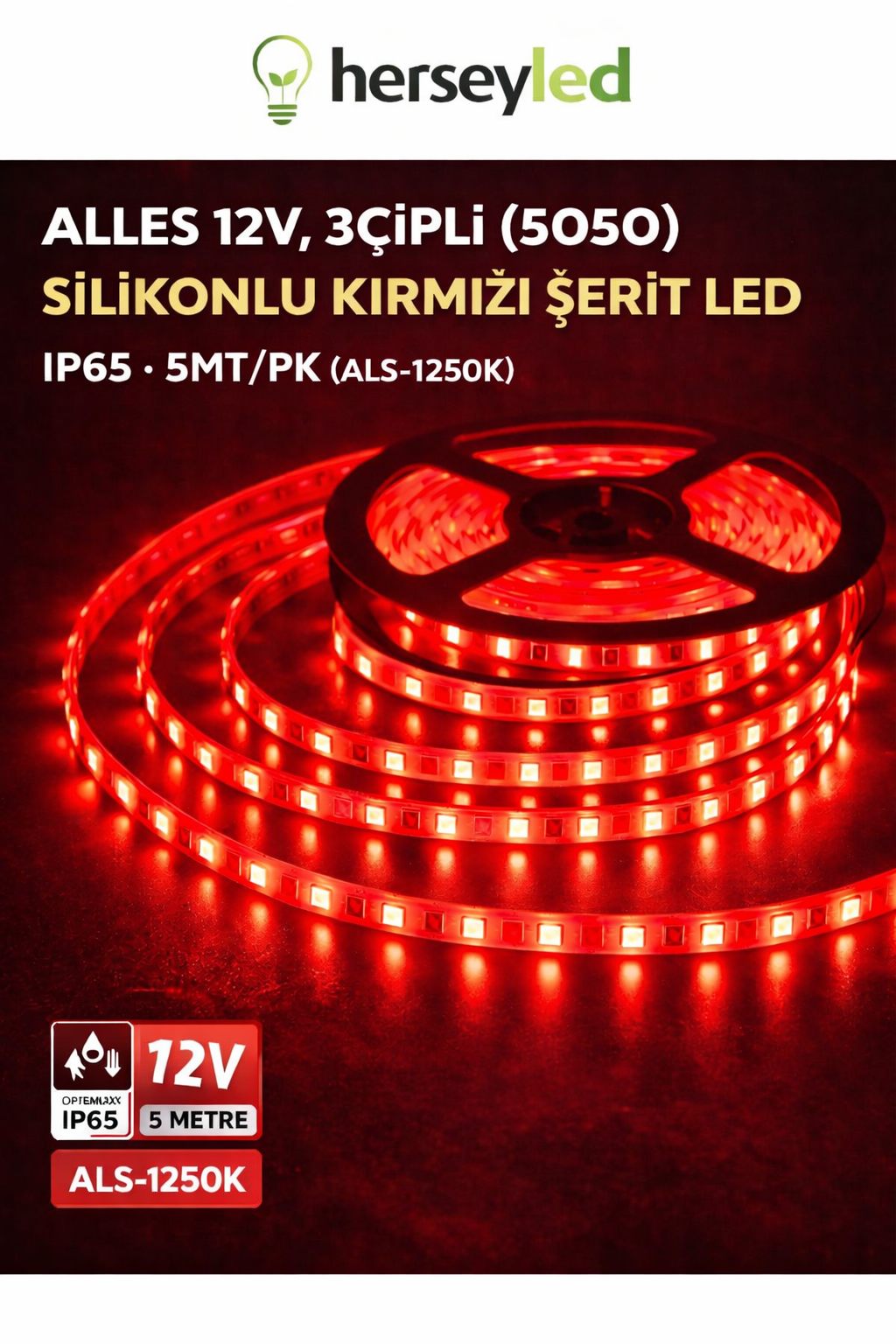 ALLES 12V 3ÇİPLİ (5050) SİLİKONLU KIRMIZI ŞERİT LED IP65  5MT/PK