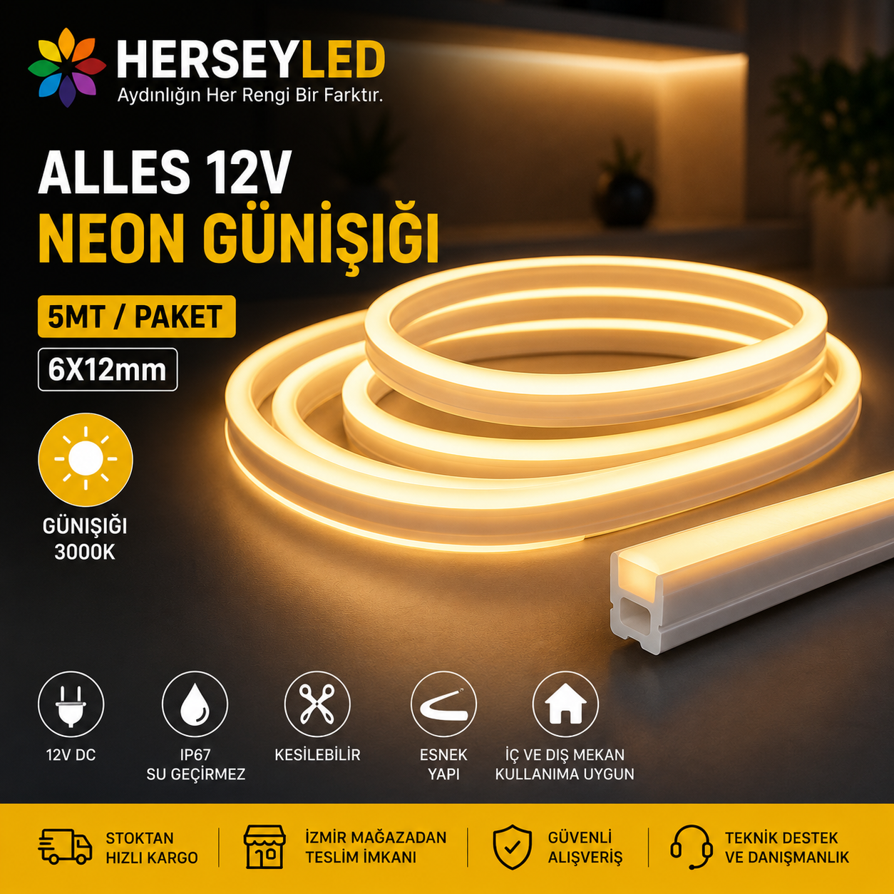 ALLES 12V NEON GÜNIŞIĞI  5MT / PAKET 6X12mm