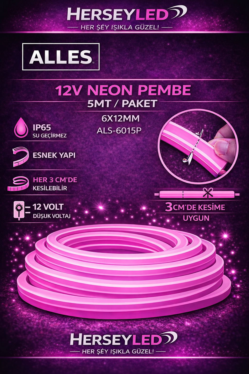 ALLES 12V NEON PEMBE 5MT / PAKET 6X12MM