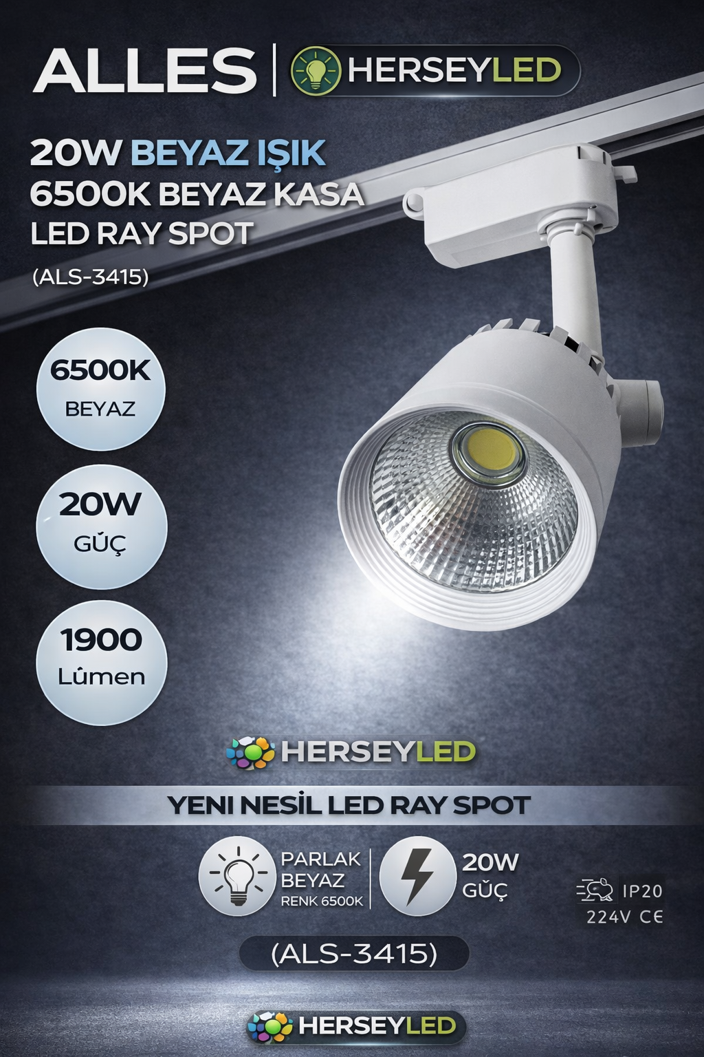 ALLES 20W BEYAZ IŞIK 6500K BEYAZ KASA LED RAY SPOT