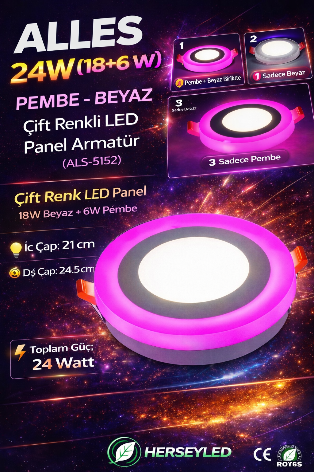 ALLES 24W PEMBE BEYAZ ÇİFT RENKLİ LED PANEL ARMATÜR