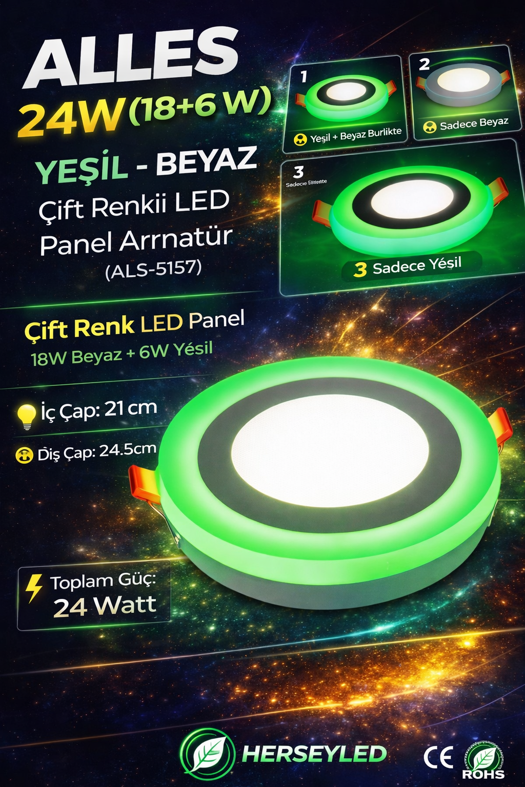 ALLES 24W YEŞİL BEYAZ ÇİFT RENKLİ LED PANEL ARMATÜR
