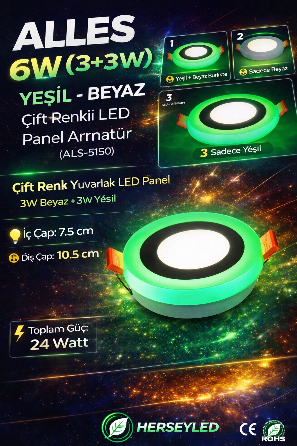 ALLES 6W YEŞİL BEYAZ ÇİFT RENKLİ LED PANEL ARMATÜR