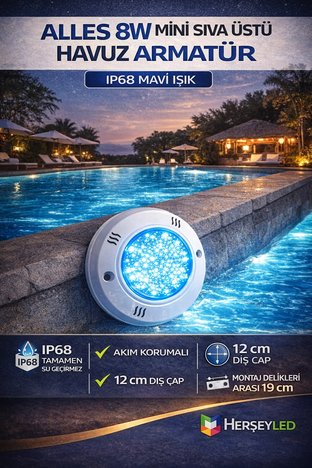 ALLES 8W MİNİ SIVA ÜSTÜ HAVUZ ARMATÜR IP68 MAVİ IŞIK - AKIM KORUMALI - 12CM DIŞ ÇAP - ( MONTAJ DELİKLERİ ARASI 19CM )