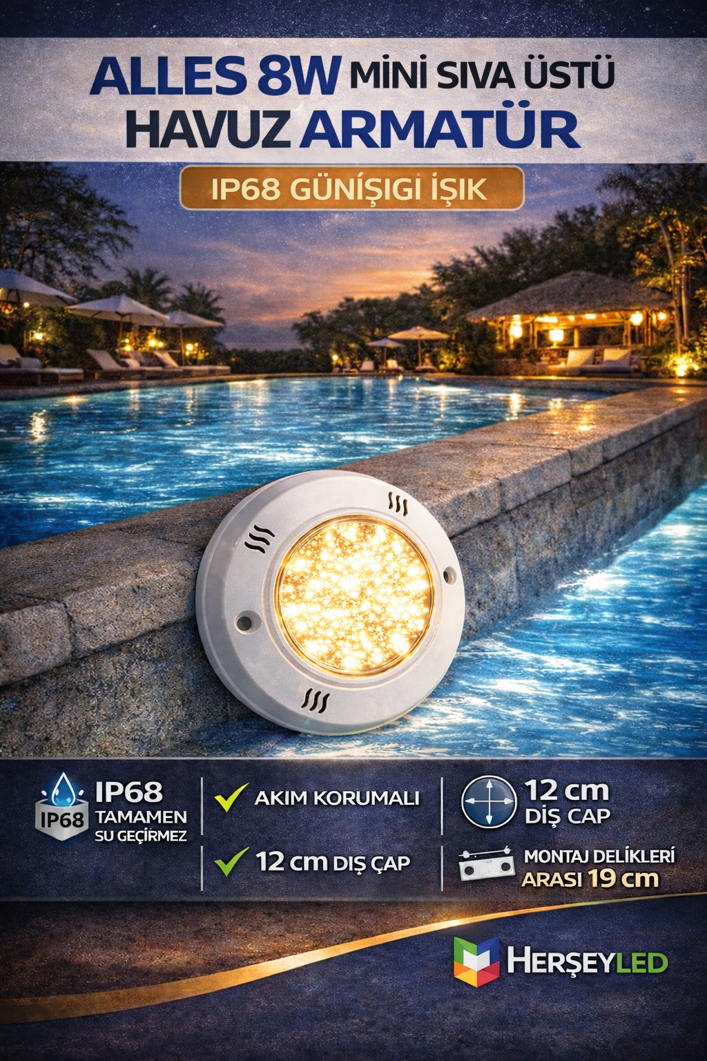 ALLES 8W MİNİ SIVA ÜSTÜ HAVUZ ARMATÜR IP68 GÜNIŞIĞI IŞIK - AKIM KORUMALI - 12CM DIŞ ÇAP - ( MONTAJ DELİKLERİ ARASI 19CM )