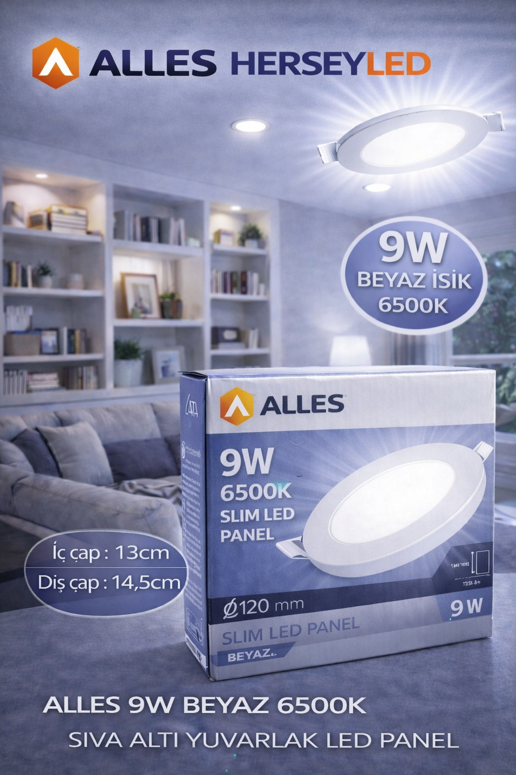 ALLES 9W BEYAZ 6500K  SIVA ALTI YUVARLAK LED PANEL
