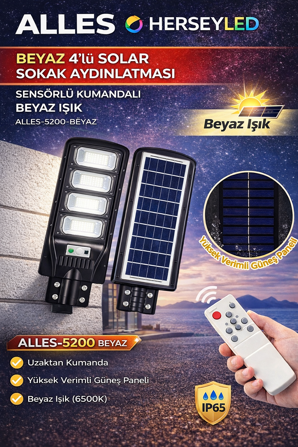 ALLES BEYAZ 4-LÜ SOLAR SOKAK AYDINLATMASI SENSÖRLÜ KUMANDALI BEYAZ IŞIK ALLES-5200