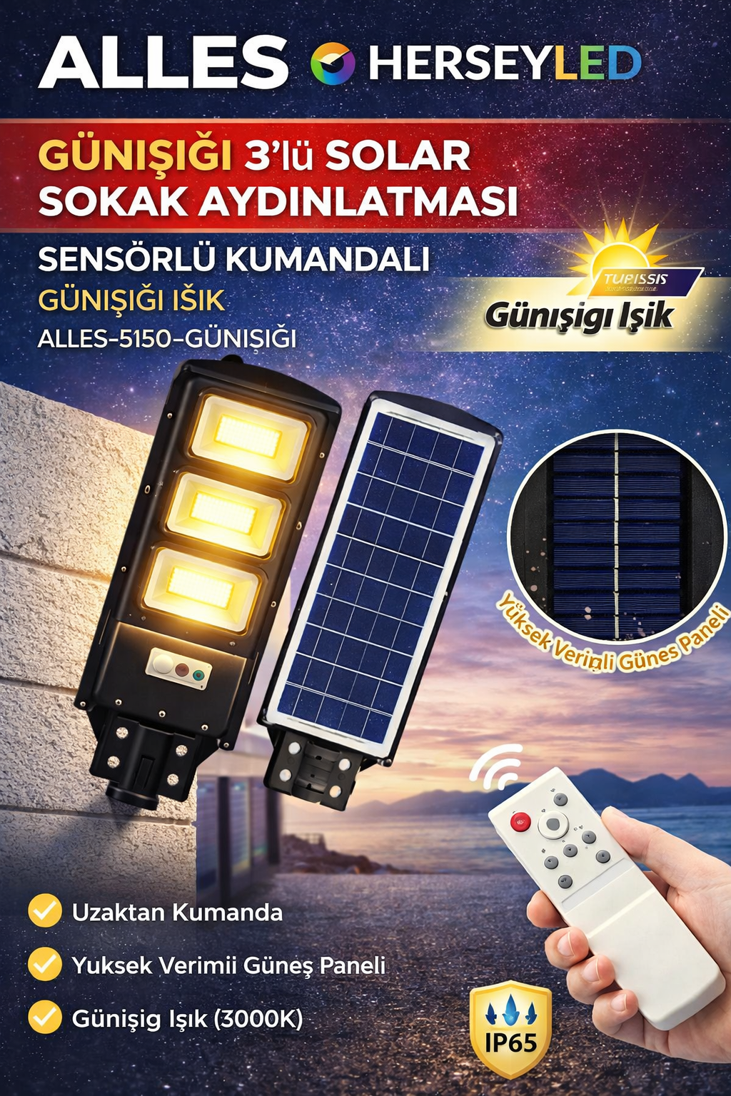 ALLES GÜNIŞIĞI 3-Lü SOLAR SOKAK AYDINLATMASI SENSÖRLÜ KUMANDALI GÜNIŞIĞI IŞIK ALLES-5150