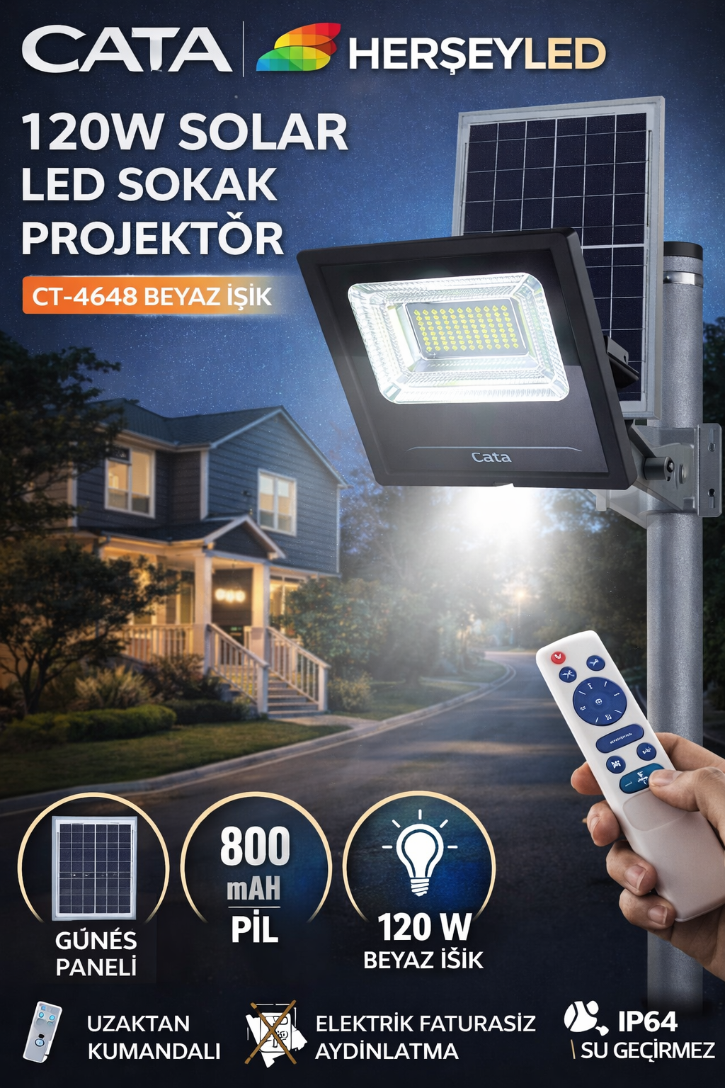 Cata 120W SOLAR Led Sokak Prjektör CT-4648 Beyaz Işık