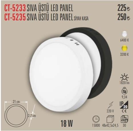 CATA 18W Led Panel - Günışığı Işık (3200K) - Siyah Kasa - Yuvarlak - Sıva Üstü - CT-5235